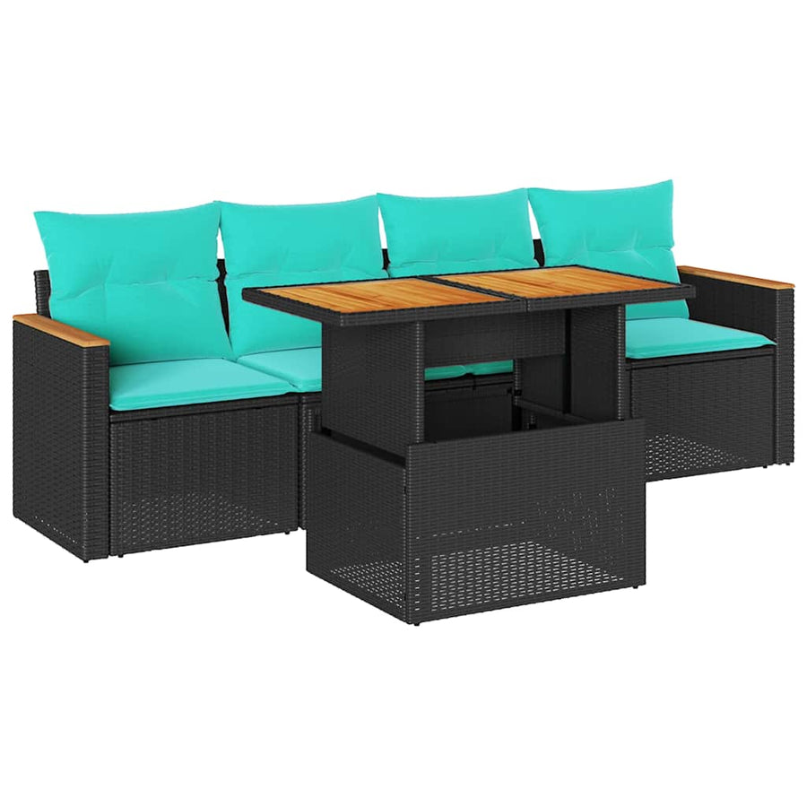5-delige Loungeset met kussens poly rattan zwart