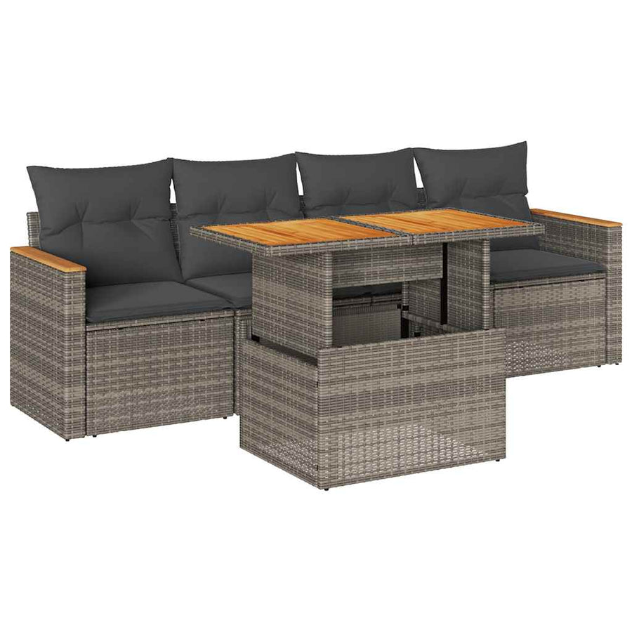 5-delige Loungeset met kussens poly rattan acacia grijs