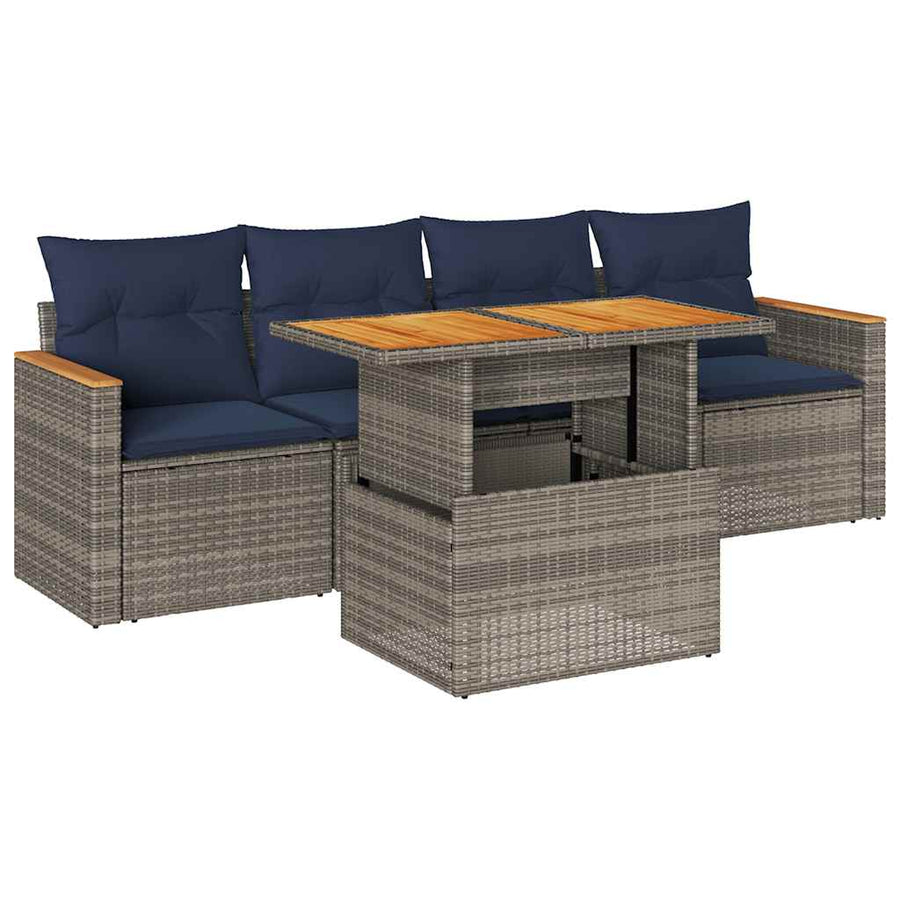 5-delige Loungeset met kussens poly rattan grijs