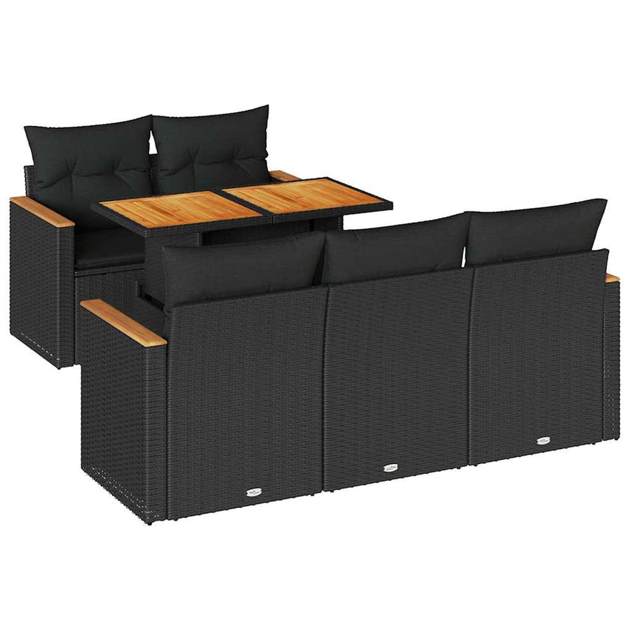 6-delige Loungeset met kussens poly rattan acacia zwart