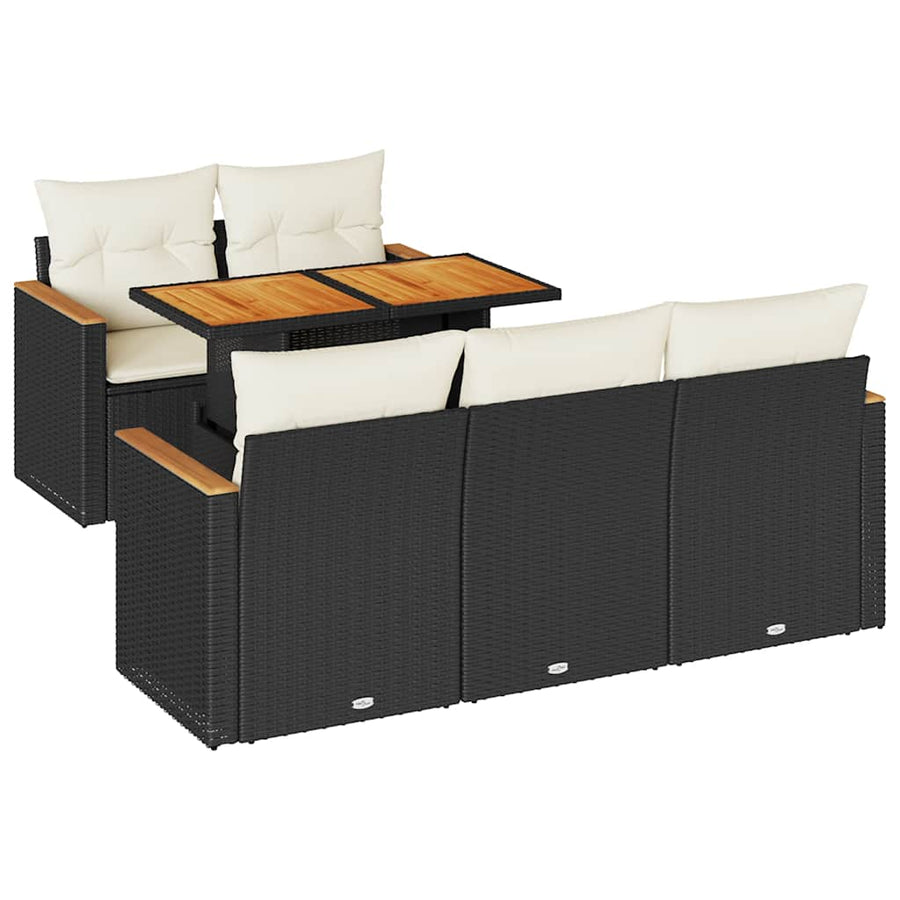 6-delige Loungeset met kussens poly rattan acacia zwart