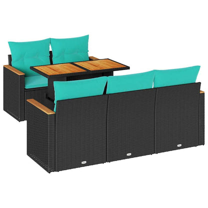 6-delige Loungeset met kussens poly rattan zwart