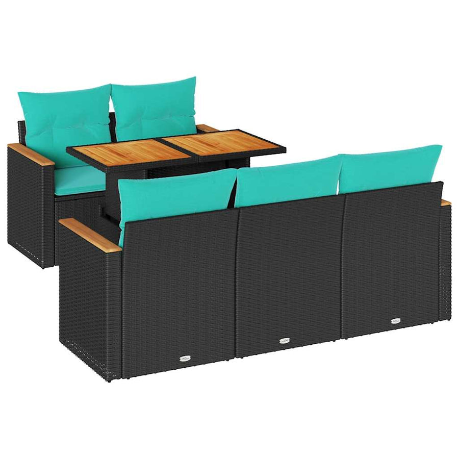 6-delige Loungeset met kussens poly rattan zwart