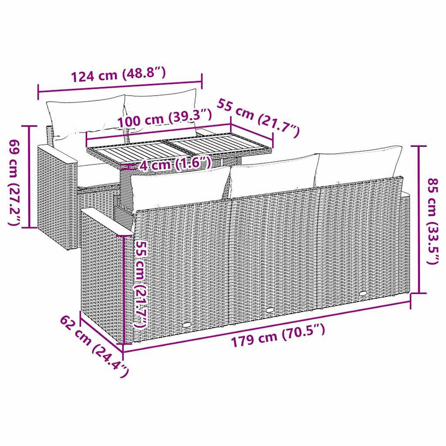 6-delige Loungeset met kussens poly rattan zwart