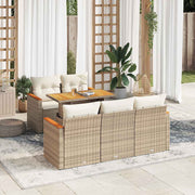 6-piece Lounge Set with cushions poly rattan acacia beige