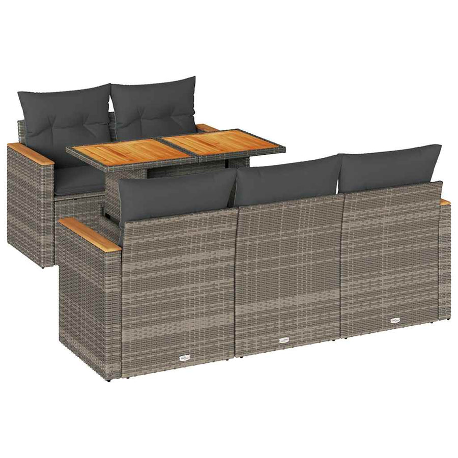 6-delige Loungeset met kussens poly rattan acacia grijs