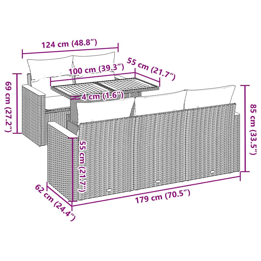 6-delige Loungeset met kussens poly rattan acacia grijs