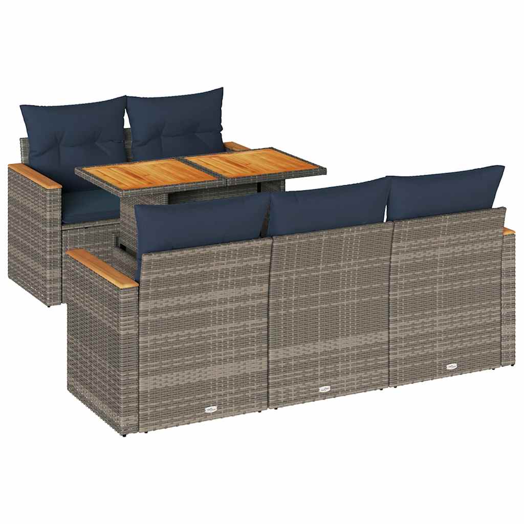 6-delige Loungeset met kussens poly rattan grijs