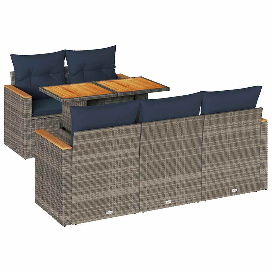 6-delige Loungeset met kussens poly rattan grijs