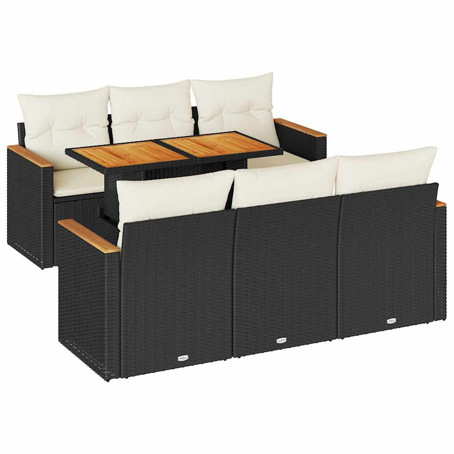7-delige Loungeset met kussens poly rattan acacia zwart