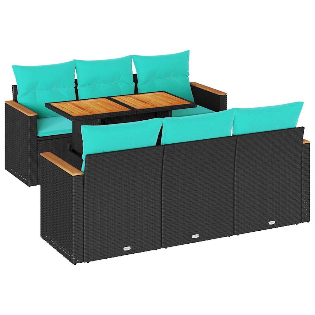 7-delige Loungeset met kussens poly rattan zwart