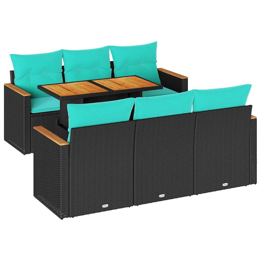 7-delige Loungeset met kussens poly rattan zwart