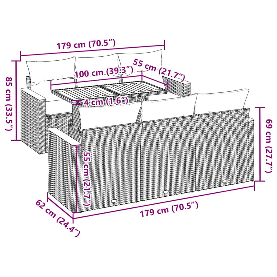 7-delige Loungeset met kussens poly rattan zwart