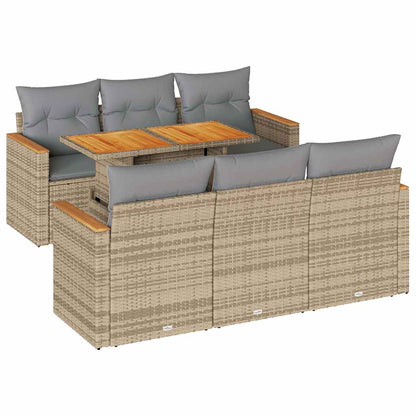 7-delige Loungeset met kussens poly rattan acacia beige