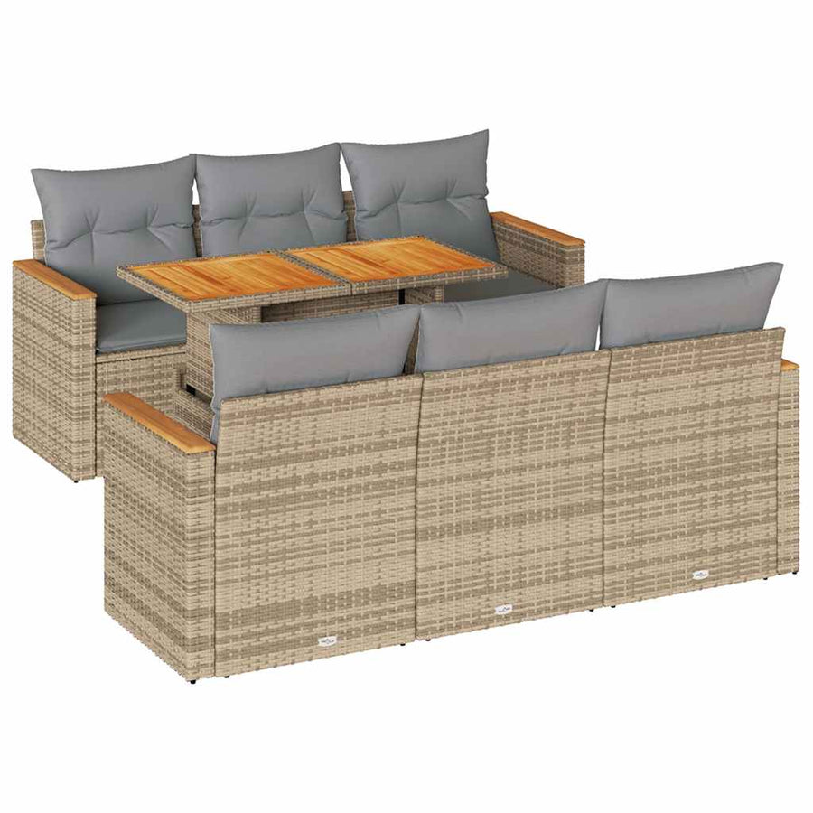 7-delige Loungeset met kussens poly rattan acacia beige