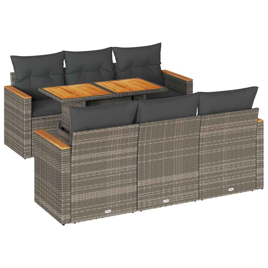 7-delige Loungeset met kussens poly rattan acacia grijs
