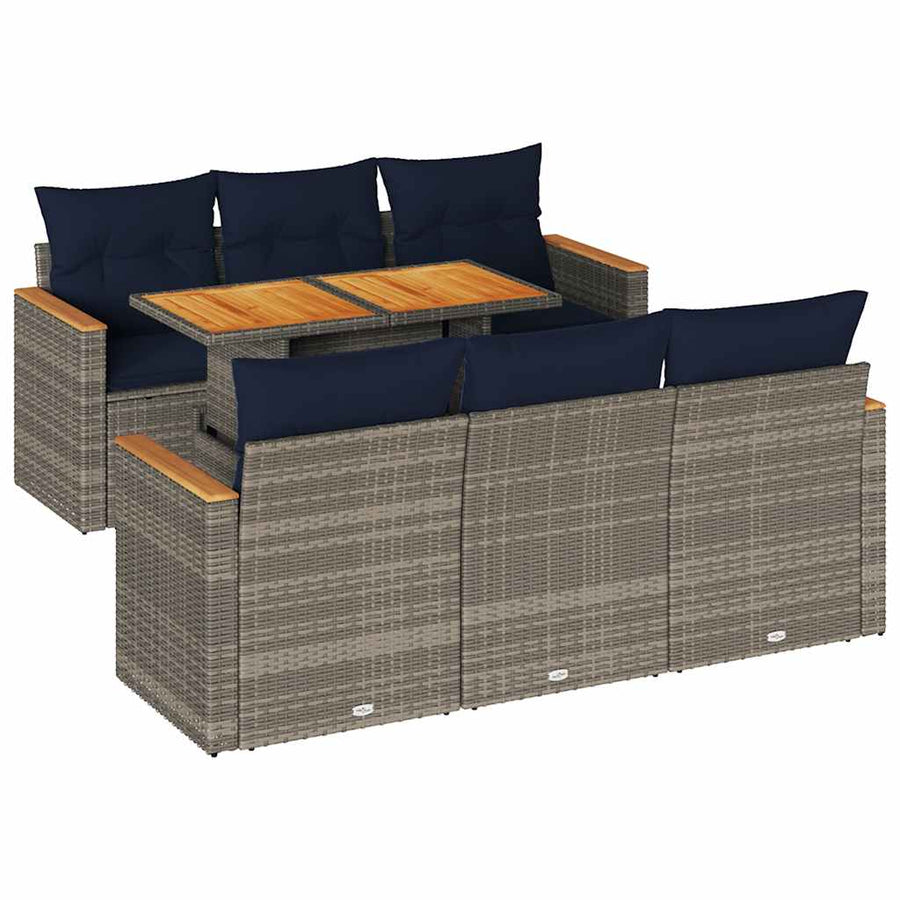 7-delige Loungeset met kussens poly rattan grijs