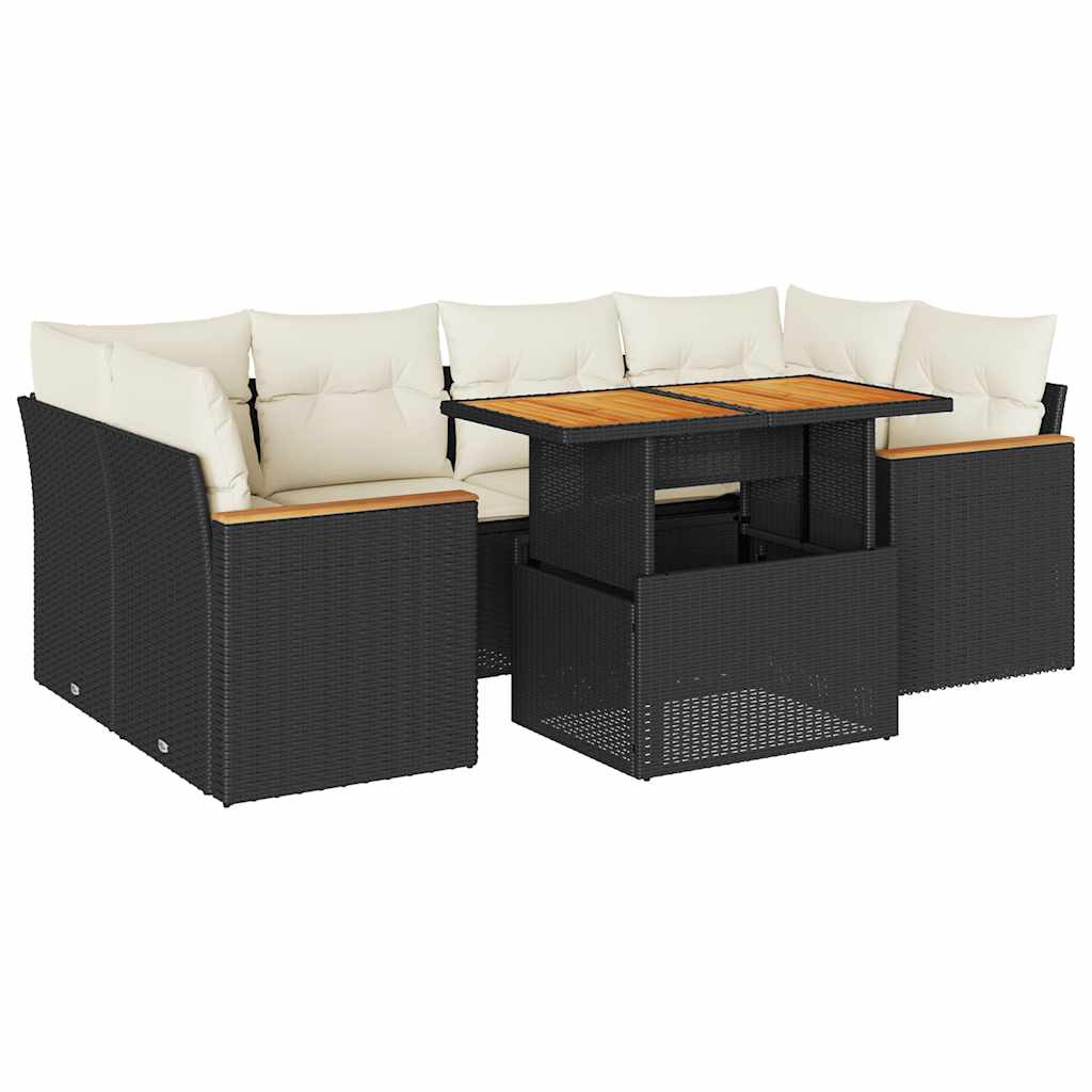 6-delige Loungeset met kussens poly rattan acacia zwart