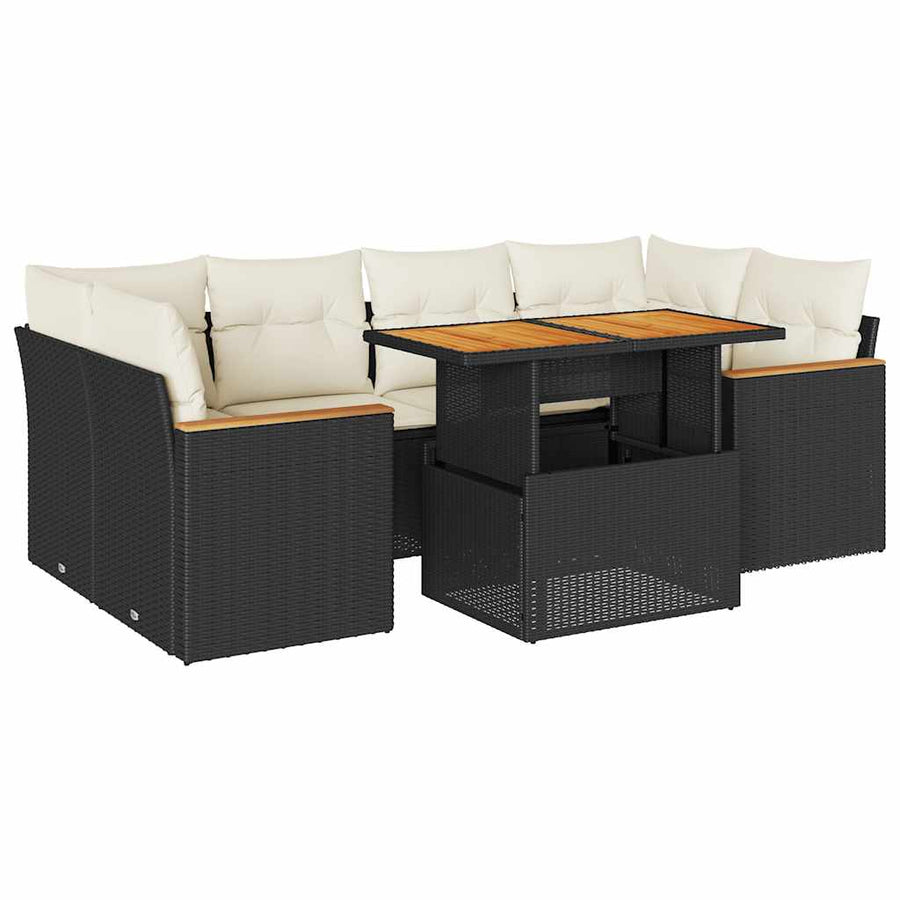 6-delige Loungeset met kussens poly rattan acacia zwart