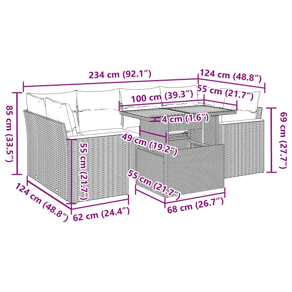 6-delige Loungeset met kussens poly rattan acacia zwart