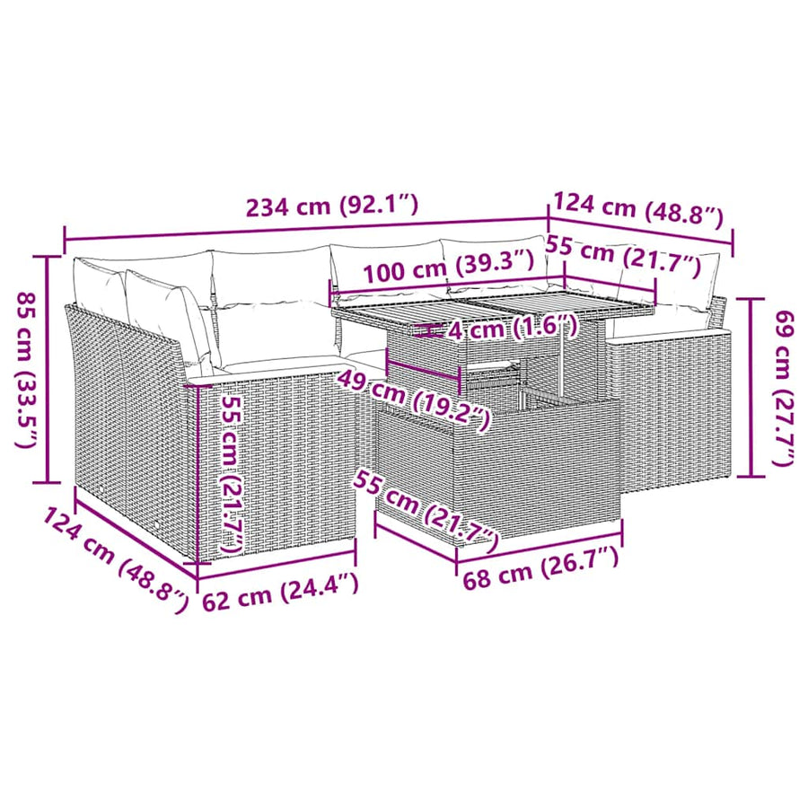 6-delige Loungeset met kussens poly rattan acacia zwart