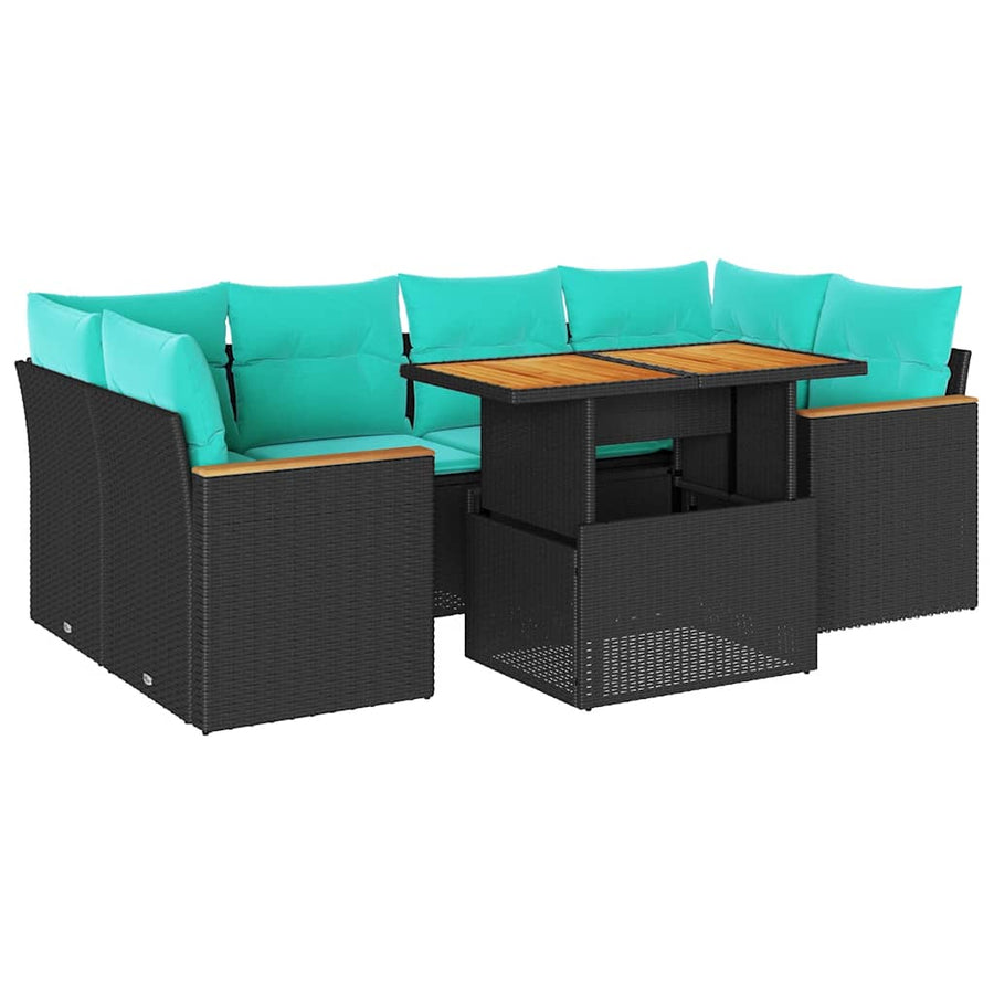 7-delige Loungeset met kussens poly rattan zwart