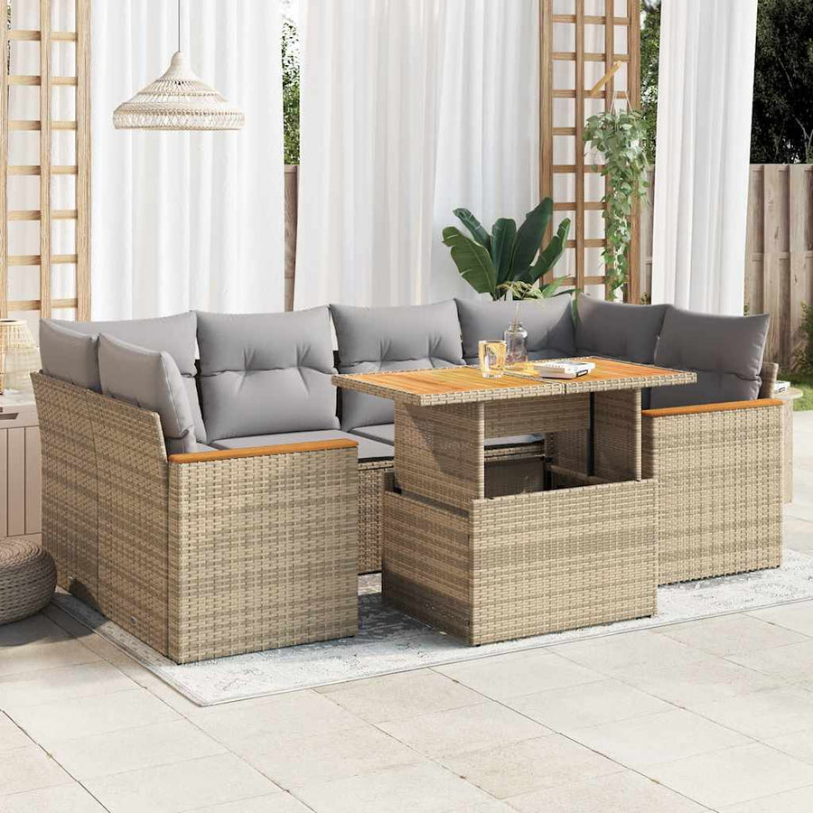 6-delige Loungeset met kussens poly rattan acacia beige