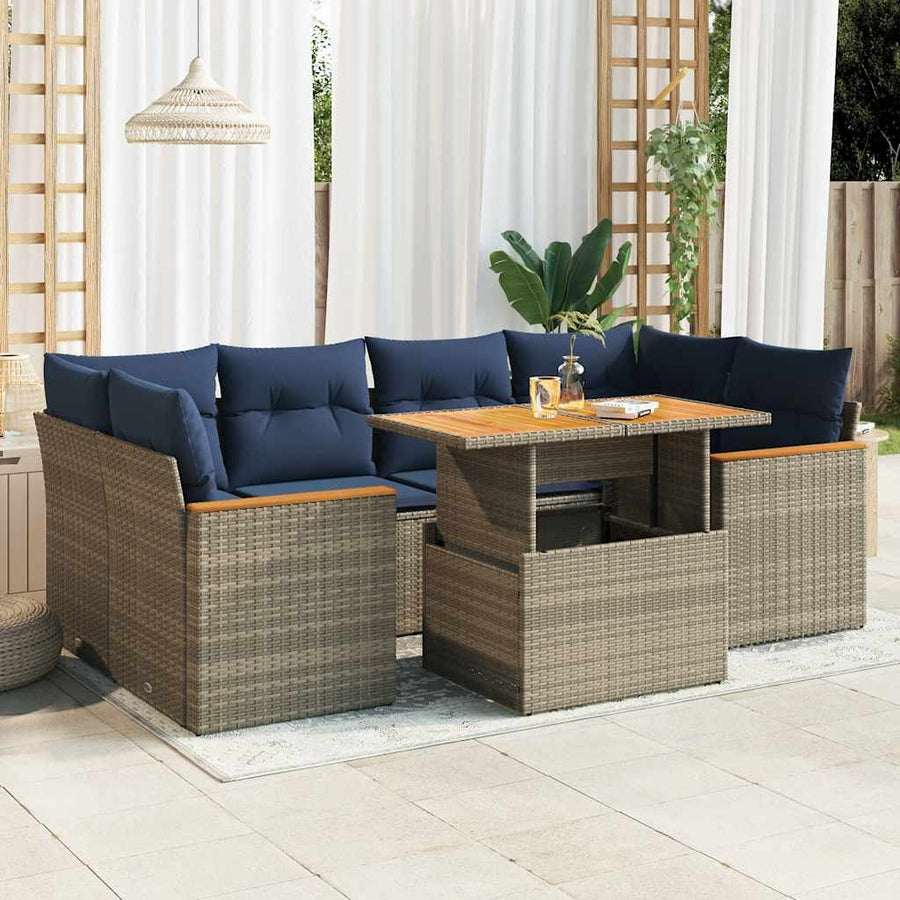 7-delige Loungeset met kussens poly rattan grijs