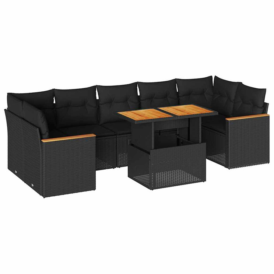 7-delige Loungeset met kussens poly rattan acacia zwart