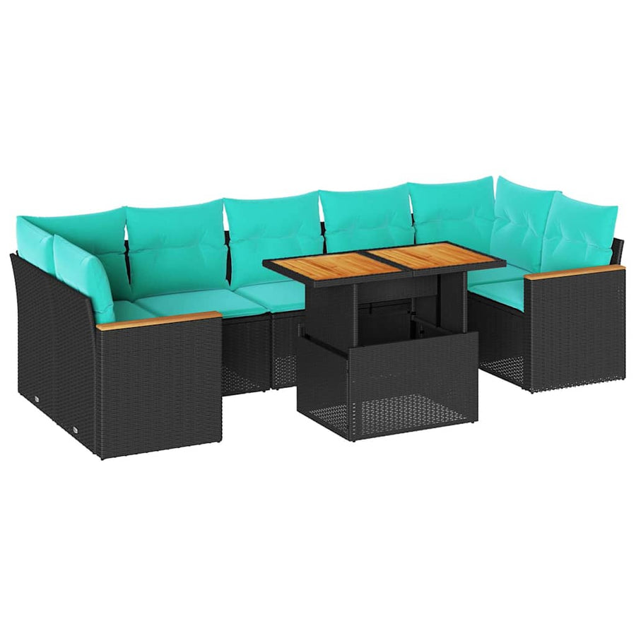 8-delige Loungeset met kussens poly rattan zwart