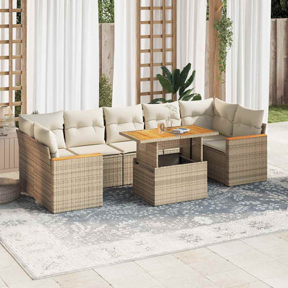 7-delige Loungeset met kussens poly rattan acacia beige