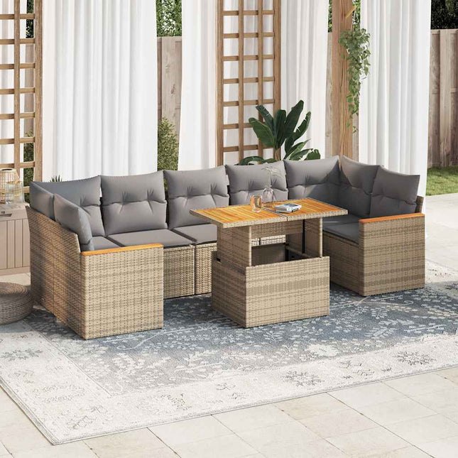 7-delige Loungeset met kussens poly rattan acacia beige