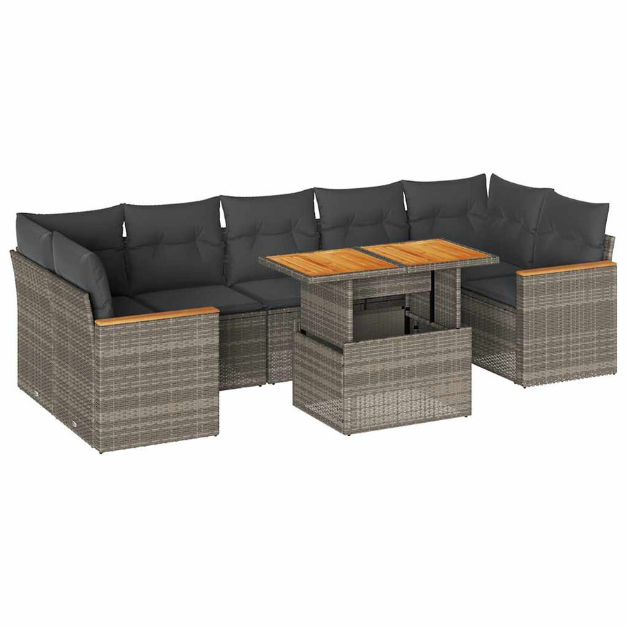 7-delige Loungeset met kussens poly rattan acacia grijs