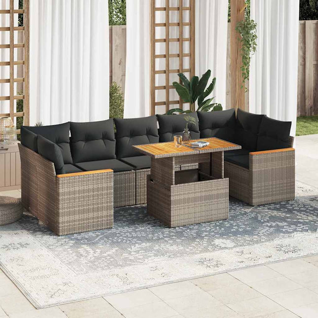 7-delige Loungeset met kussens poly rattan acacia grijs