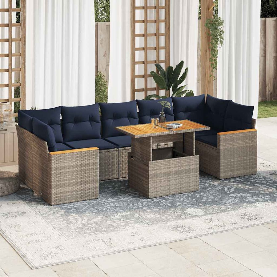 8-delige Loungeset met kussens poly rattan grijs