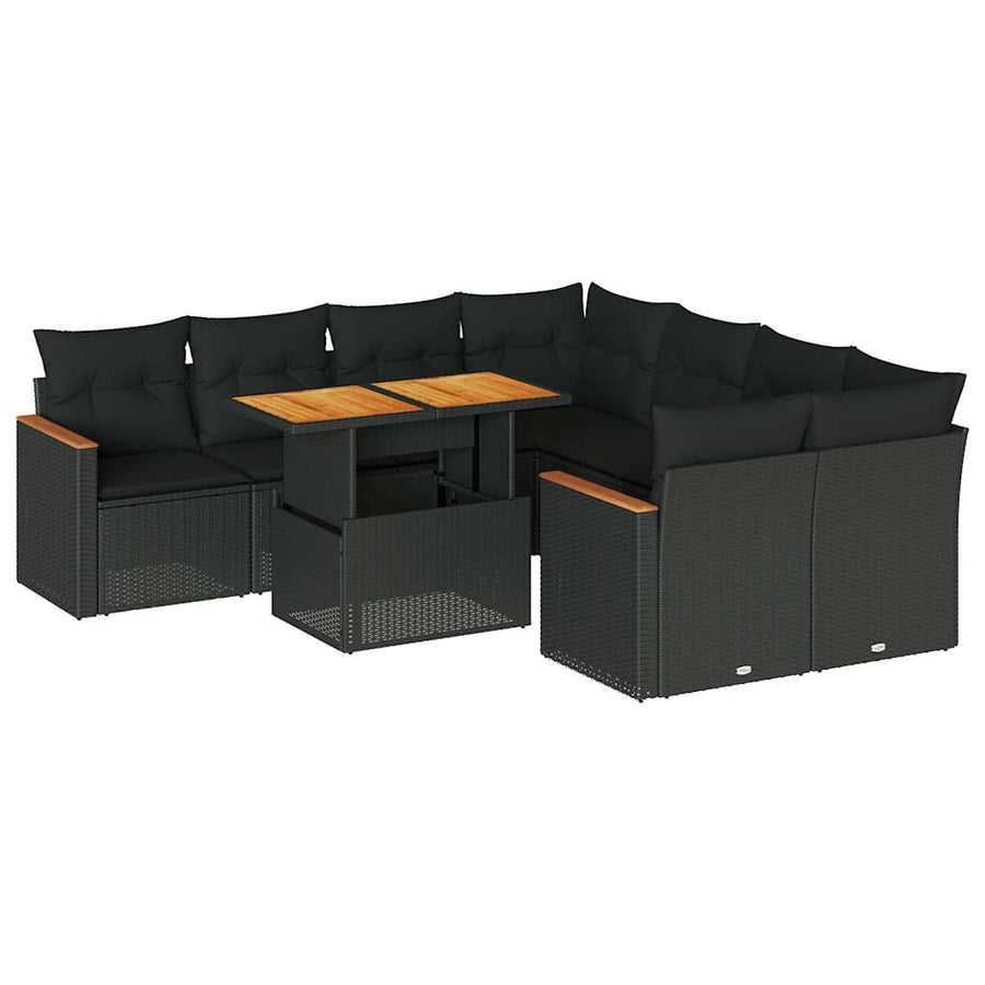 9-delige Loungeset met kussens poly rattan acacia zwart