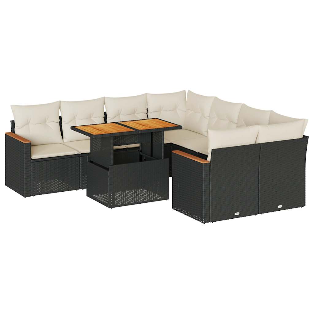 9-delige Loungeset met kussens poly rattan acacia zwart
