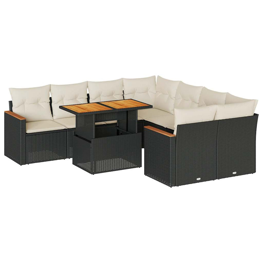 9-delige Loungeset met kussens poly rattan acacia zwart