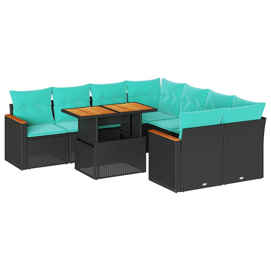 9-delige Loungeset met kussens poly rattan zwart