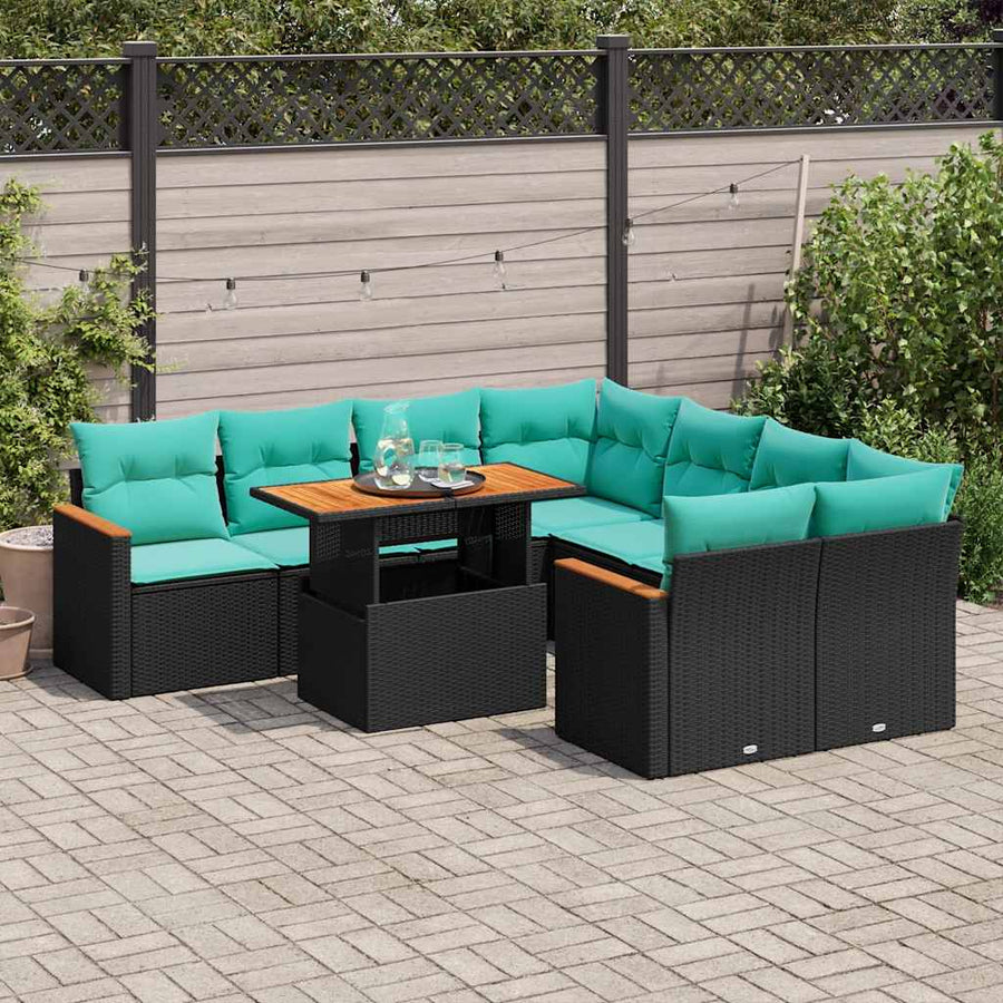 9-delige Loungeset met kussens poly rattan zwart
