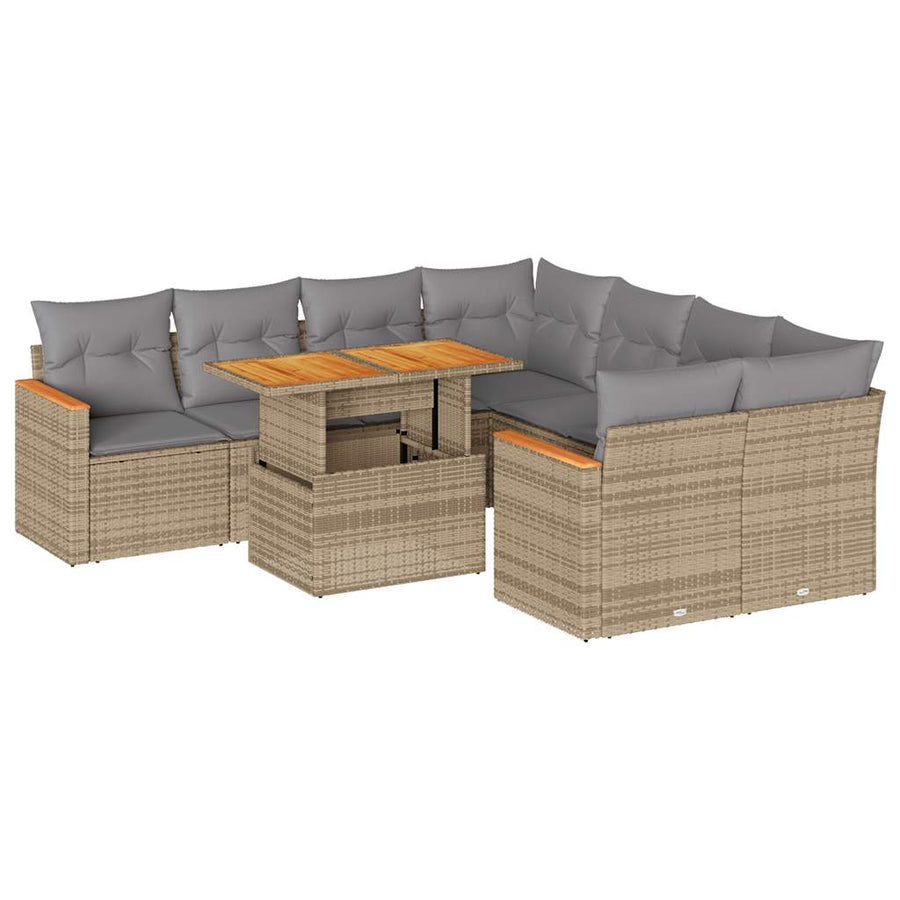 9-delige Loungeset met kussens poly rattan acacia beige
