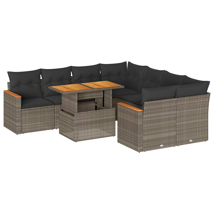 9-delige Loungeset met kussens poly rattan acacia grijs