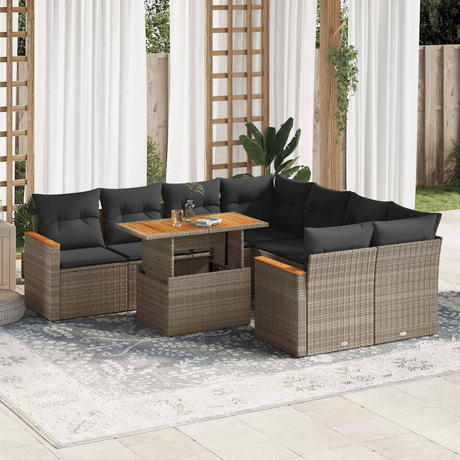 9-delige Loungeset met kussens poly rattan acacia grijs