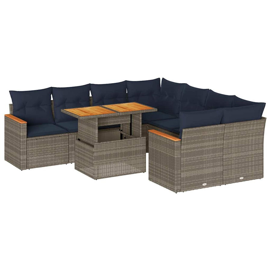 9-delige Loungeset met kussens poly rattan grijs