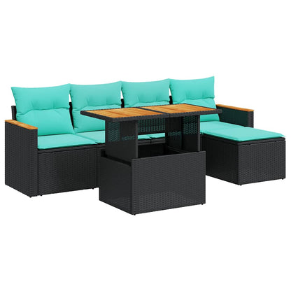 6-delige Loungeset met kussens poly rattan zwart