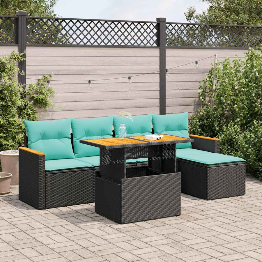 6-delige Loungeset met kussens poly rattan zwart