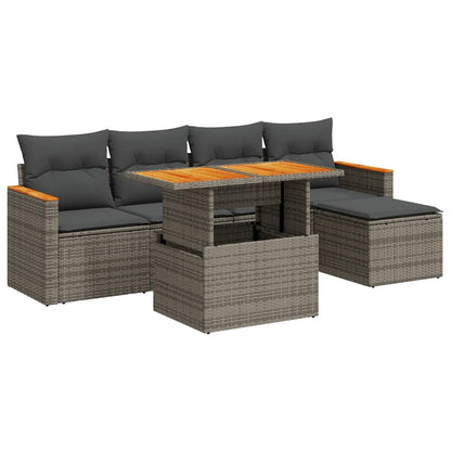 6-delige Loungeset met kussens poly rattan acacia grijs