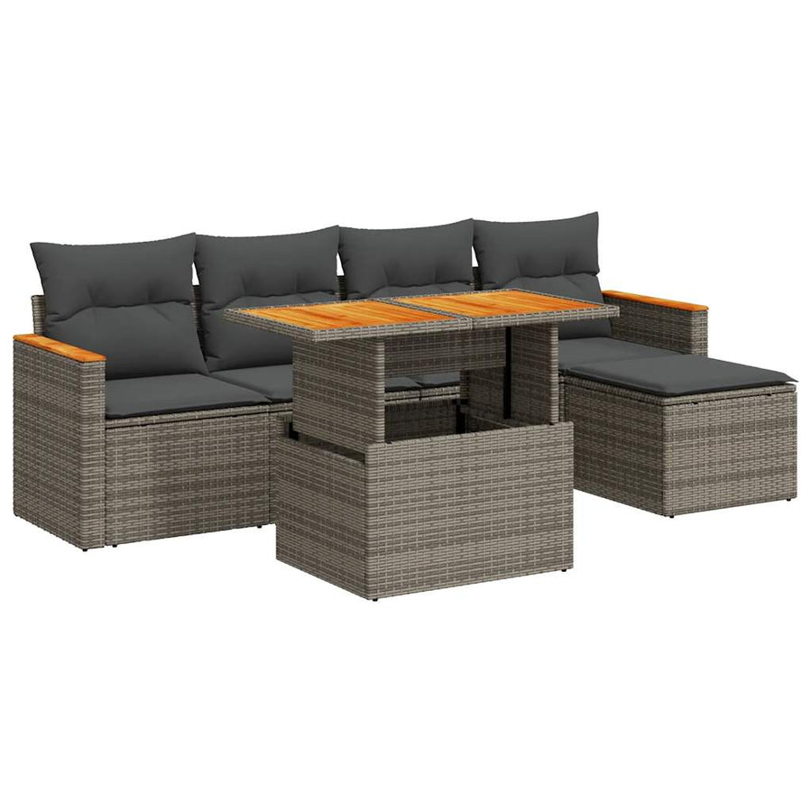 6-delige Loungeset met kussens poly rattan acacia grijs