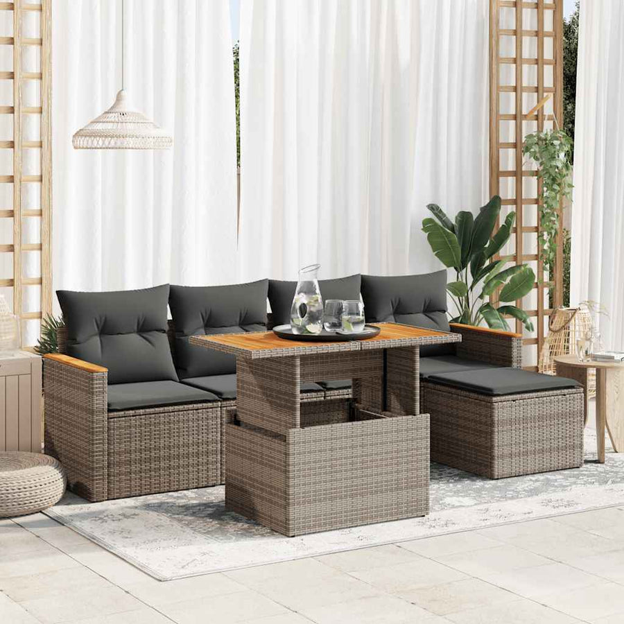 6-delige Loungeset met kussens poly rattan acacia grijs