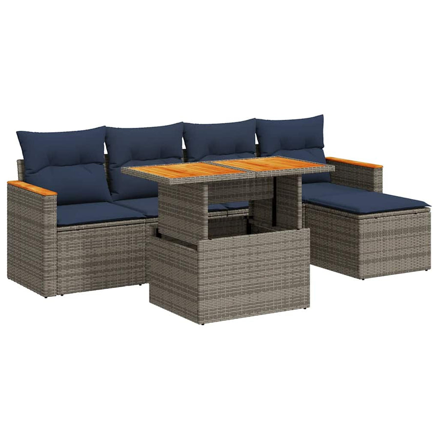 6-delige Loungeset met kussens poly rattan grijs
